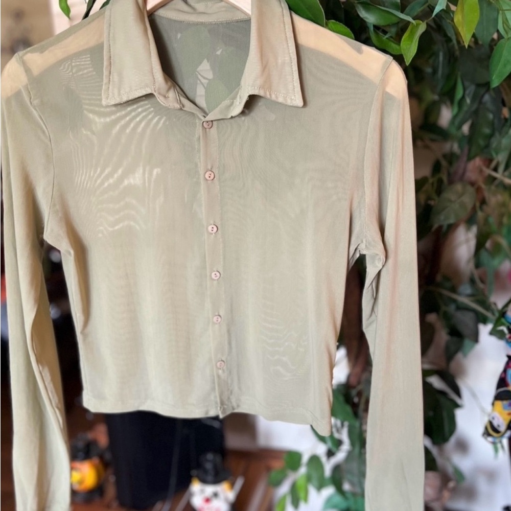 Elegant Sheer Olive Button-Down Shirt